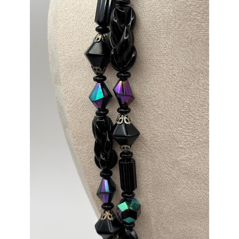 VTG Judy-Lee Signed Black Glass AB Necklace Faceted Crystal Beads Collector - Picture 9 of 12